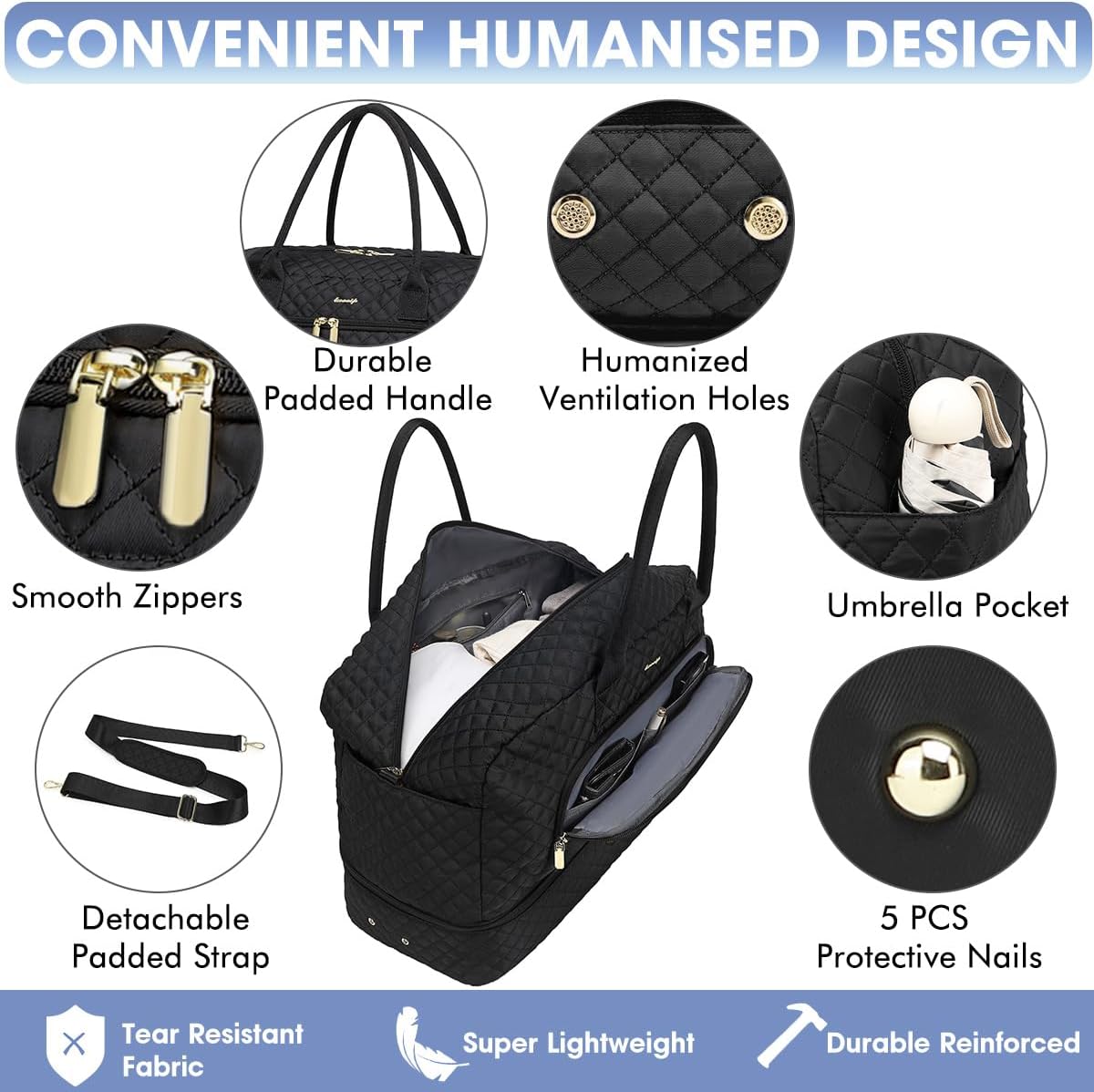 Large Women Travel Duffle Bag - Carry on Overnight Bag Weekend Travel Duffel Tote Bag Yoga Gym Bag with Wet Pocket Toiletry Weekender Overnight Bag for Travel Business Trips Sport Hospital Black - Image 3
